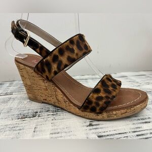 Boden Louisa Leopard animal Print Calf Hair Cork Wedge Heel Sandals  36/US 5.5